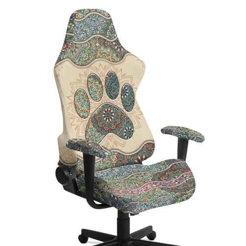 Dog Paw Print Gaming Chair Covers Slipcovers 4Pcs with Armrest Cover Mandala Flower Print Gamer Desk Chair Covers Easy to Install Home Decorations - color: Green and Brown - Dog Paw Mandala Flower