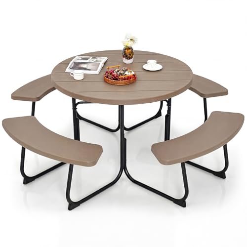 Giantex Picnic Table Set for Up to 8 Persons, Round Outdoor Table and Bench Set with Umbrella Hole, HDPE Top & Metal Frame, 2000LBS Capacity, Patio Table Bench for Deck Backyard Garden, Coral Reef - color: Coral Reef, size: Round-43"x43"x30"