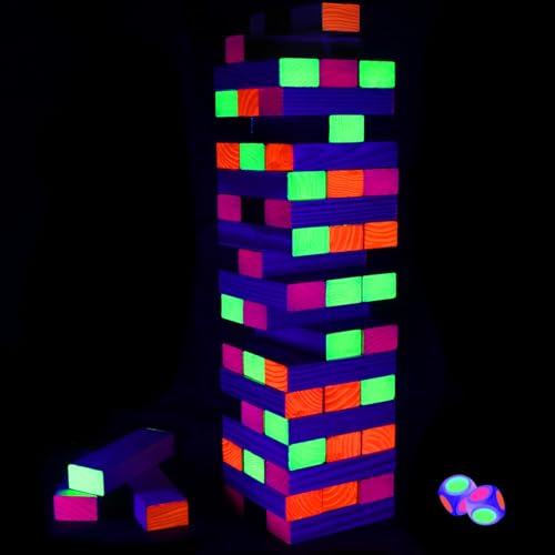 Ahuimeius 54 Piece Glow Tumble Tower Board Games, Glow in the Blacklight Tumble Tower, Indoor/Outdoor Board Game for Adults for Family Game Night