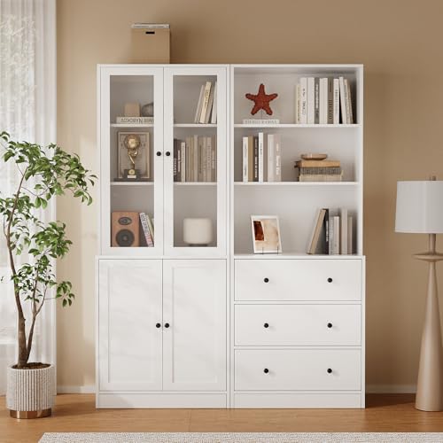 TUSY 71" H Bookshelf with Storage, 6-Tier Modern Bookshelves with 3 Large Drawer, Display Bookcase with Glass Doors, Modern 5-Tier Curio Cabinet for Home Office, Dining Room (White, AB) - color: White