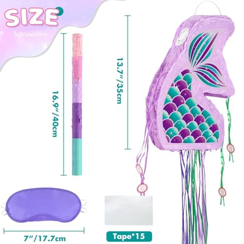 WERNNSAI Foldable Mermaid Piñata - Pull String Mermaid Birthday Party Supplies Mermaid with Blindfold Bat and Tassels Mermaid Party Decoration Games Folding Purple Mermaid Piñatas for Classroom Game - style: Mermaid-Fold