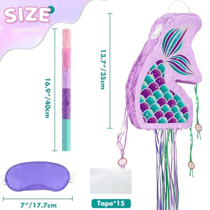 WERNNSAI Foldable Mermaid Piñata - Pull String Mermaid Birthday Party Supplies Mermaid with Blindfold Bat and Tassels Mermaid Party Decoration Games Folding Purple Mermaid Piñatas for Classroom Game - style: Mermaid-Fold