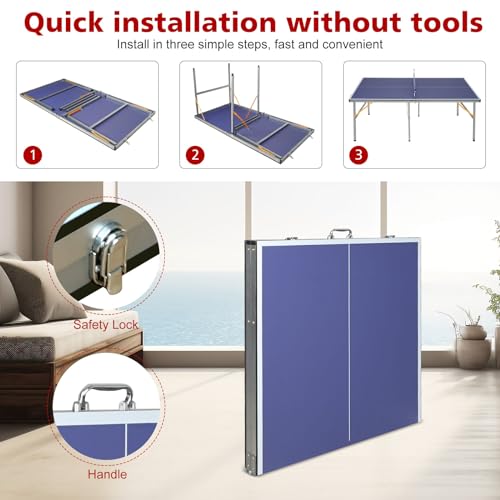 Mid-Size Table Tennis Table Foldable & Portable 6ft Ping Pong Table Set, 2 ping-Pong Bats and 3 Balls, Available Indoors and Outdoors