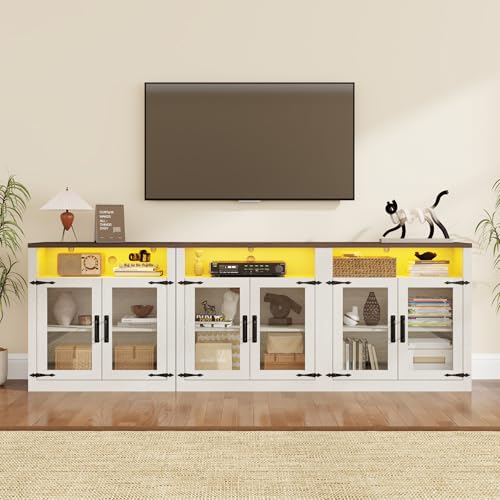 chartustriable 94.5" TV Stand for 85 90 100 inch TV, 2-Piece Farmhouse Media Console Table Set, Wood Entertainment Center with LED Lights and Glass Doors, White - color: White, size: 94.5"W 2-Piece