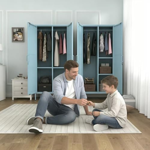 Lockable Metal Wardrobe Closet with Hanging Rod and 3 Adjustable Shelves,67" Metal Storage Cabinet with 2 Doors,Steel Armoire Wardrobe Closet for Bedroom Living Room Cloak Room (Blue) - color: Blue, style: 67"H-Wardrobe-DY