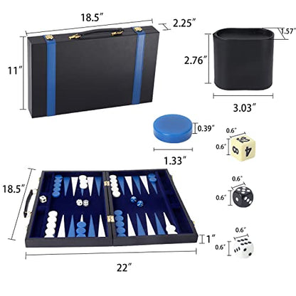 GSE Premium Leather Backgammon Board Game Set, Black&Blue, Large | Premium Leather, Travel Folding Board, Classic Game Set, Leather Case Included - color: Leather-black&blue, size: Large