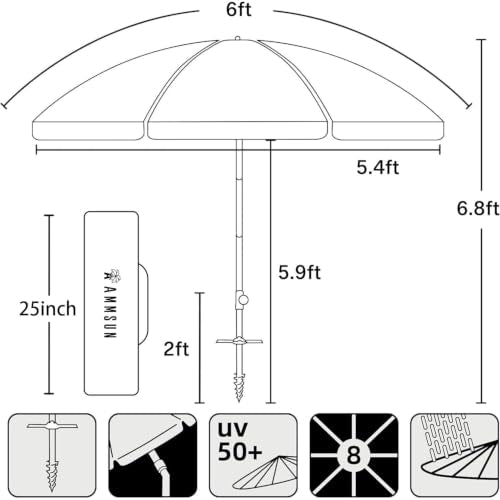 AMMSUN 6ft Folded Portable Travel Beach Umbrella with Sand Anchor Tilt Air vent UPF 50+UV Protection Fit In Suitcase Compact Foldable Telescopic umbrellas for Patio Garden Beach Pool Sky Blue - color: 6ft Light Blue
