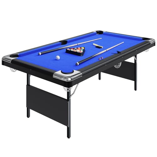 6-7 ft Folding Pool Table Set, Portable Billiard Table with Stable Steel Frame, Includes Balls, Cues, Chalks and Brush for Family Game Room, Basement