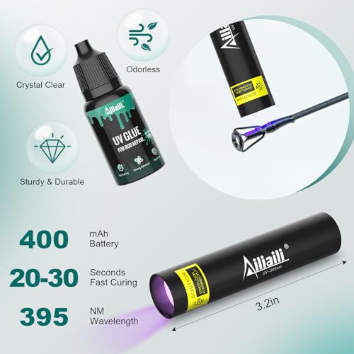Fishing Rod Tip Repair Kit, Complete Supplies for Fishing Pole Tip Replacement with 10 Sizes Top Eyelets, Glue, UV Flashlight, Wrapping Thread, Easy&Quick Repair Broken Fishing Accessories