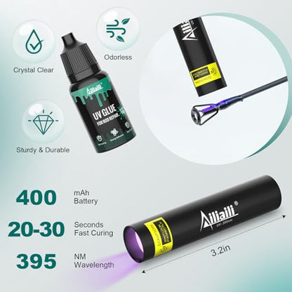 Fishing Rod Tip Repair Kit, Complete Supplies for Fishing Pole Tip Replacement with 10 Sizes Top Eyelets, Glue, UV Flashlight, Wrapping Thread, Easy&Quick Repair Broken Fishing Accessories