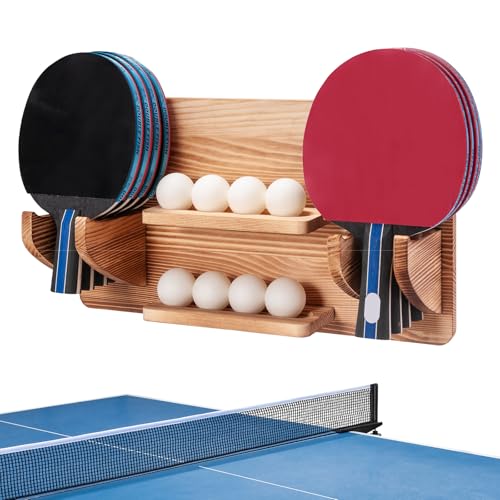 Ping Pong Paddle Storage Rack, Ping Pong Accessories Organizer Wall-Mount for 6 Paddles, 6 Pickleball Paddles and Balls, Pine Wood Table Tennis Racket Display for Game Room Bar Office Home - color: Brown