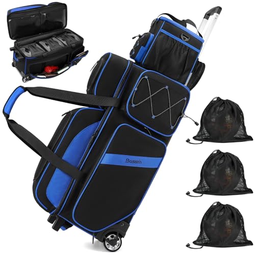 BOSSTIN 3-4 Ball Bowling Bags with Wheels, Secure Hook & Loop Fixed Ball Cup & Shoe Compartment (Fits Up to Size 16), Roller with Multi-Pockets