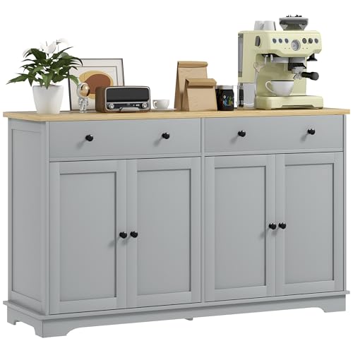 HOMCOM Sideboard Buffet Cabinet with Solid Wood Countertop, Modern Kitchen Storage Cabinet, Coffee Bar Cabinet with 2 Drawers, Doors and Adjustable Shelf, Gray - color: Grey, size: 55.1" x 15.7" x 33.5"