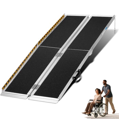 5 Feet Aluminum Folding Wheelchair Ramp | Non-Skid Handicap Threshold Wheel Chair Ramp for Home Steps, Stairs, Entry, Threshold, Doorways, 600LBS Capacity,28in Wide - size: 5FT-tri-fold-black