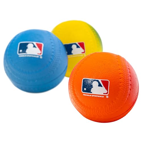 Franklin Sports Foam Baseballs - Soft Foam Practice Baseballs for Kids - Perfect for Hitting and Indoor or Outdoor Play - 3 Pack - Official MLB Licensed Product - color: Orange/Yellow/Blue, size: Standard