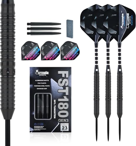 Formula Sports 90% Tungsten Darts Metal Tip Set - Professional Steel Tip Darts Set 21g/22g/23g/24g, with Aluminum Shafts, Tungsten Barrels, Dart Sharpener, Extra Flights - color: black, size: 23g