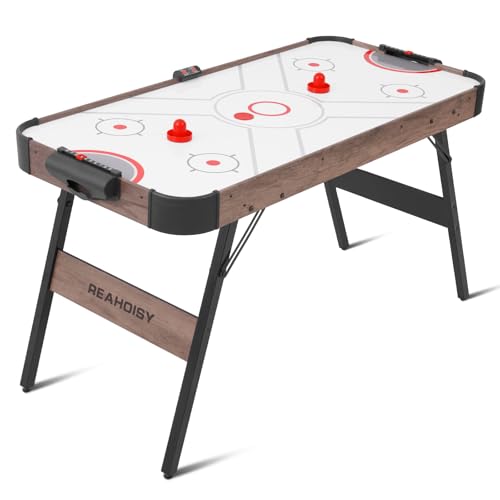 56” Foldable Air Hockey Table, Folding Indoor Hockey Game Table w/Accurate Electronic Scoring, Powerful Motor, 2 Pucks and 2 Pushers for Adults Kids, Home Game Room - color: Oak