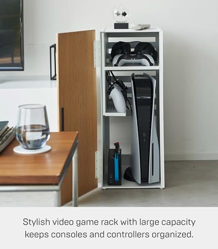 Yamazaki Home Tower Large Capacity Game Console Rack – Organize Controllers, Pull-Out Shelf, Cable Management - Steel - color: White
