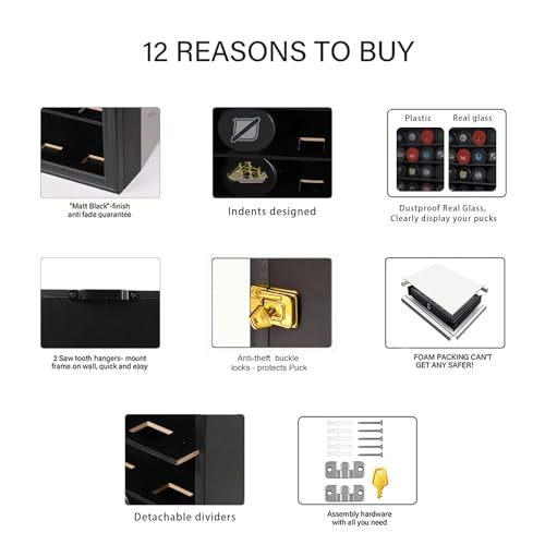 12 Hockey Puck Display Case - Puck Holder Wall Mount Cabinet Stand - Hockey Puck Shadow Box with Real Glass, Small Black，Has UV Protection - size: Small-Black