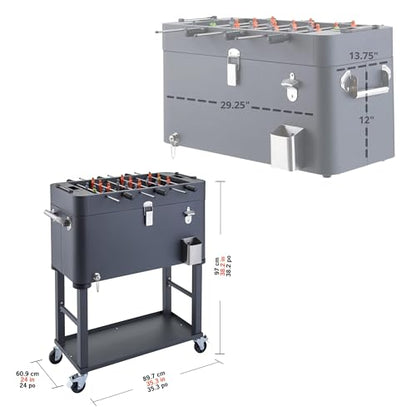 TRINITY 80 Quart Beverage Cooler and Ice Chest with Foosball Table Top and Bottle Opener, Rolling Cart with Storage Shelf, Detachable Tub Design, 96 Can Capacity, Includes Protective Cover - color: Charcoal Gray