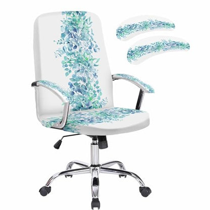 Spring Plants Office Chair Cover with Armrest Covers, Green Eucalyptus Leaves Universal Stretch Desk Rotating Chair Slipcovers, Removable Seat Protector with Zipper, L - color: Emerald Green White, size: Large & 2PCS Armrest Covers
