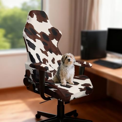 Abstract Brown Cow Pattern Gaming Chair Covers Stretchable 4PCS Set Office Chair Covers Stretchable with Arms Armchair Slipcovers Protective Dust Shield for Working Home Businesses - color: Abstract Brown Cow Print