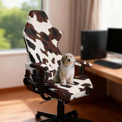 Abstract Brown Cow Pattern Gaming Chair Covers Stretchable 4PCS Set Office Chair Covers Stretchable with Arms Armchair Slipcovers Protective Dust Shield for Working Home Businesses - color: Abstract Brown Cow Print