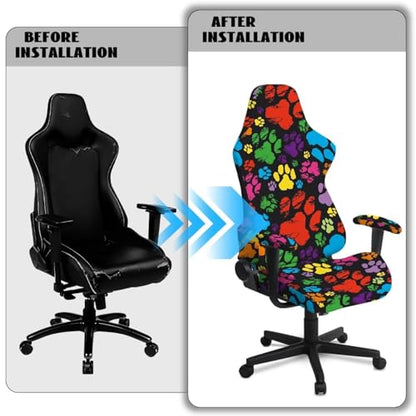 Suobstales Colorful Dog Paw Paint Splatter Pattern Gaming Chair Cover with 2 Armrest Covers, Non Slip Game Chair Cover with Zipper, Dustproof Washable Gaming Chair Seat Cover, Set of 4 - color: Colorful Dog Paw Paint Splatter