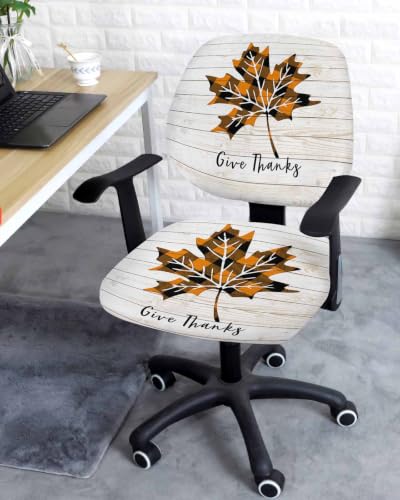 Savannan Office Chair Cover, Check Pumpkin Leaf Thanksgiving Protective Stretch Elastic Universal Cover for Desk Task Chair,Computer Rotating Chair 1 Pcs Vintage Farm Wooden Board