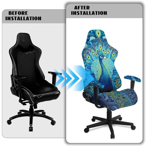 Peacock Print 4Pcs Gaming Chair Cover Set Comfortable Breathable Computer Office Chair Cover with Armrest Covers Universal Fit for Desk/Swivel/Rotating Chairs Protector - color: Blue - Peacock