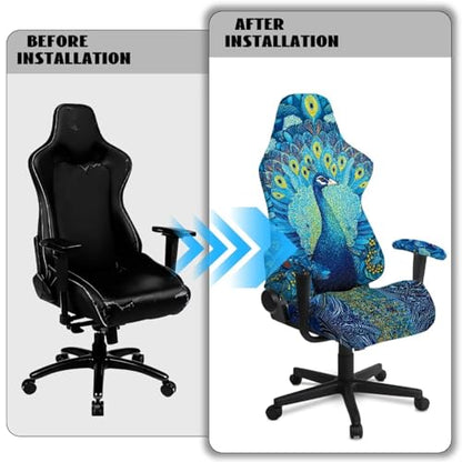 Peacock Print 4Pcs Gaming Chair Cover Set Comfortable Breathable Computer Office Chair Cover with Armrest Covers Universal Fit for Desk/Swivel/Rotating Chairs Protector - color: Blue - Peacock