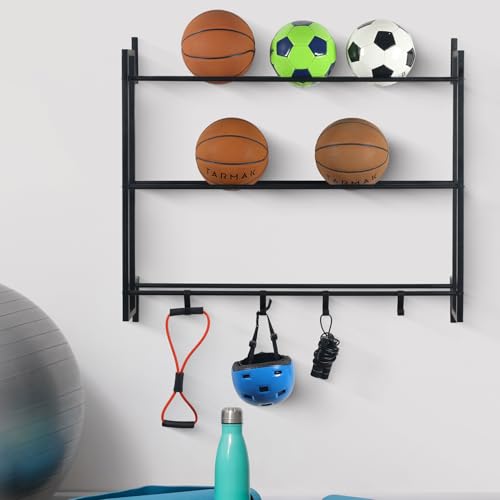 MyGift Ball Rack Wall Mounted, 3 Tier Gym Exercise Equipment Storage Organizer Shelf Display with 4 S-Hooks for Basketball Football Volleyball
