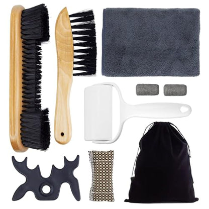 9-Piece Billiard Table Cleaner Kit for Felt | Billiard Felt Cleaner Set with 2 Wooden Brush, Cue Cleaning Cloth, Ferrule Polish Cloth & Sticky Lint Roller and Storage Bag