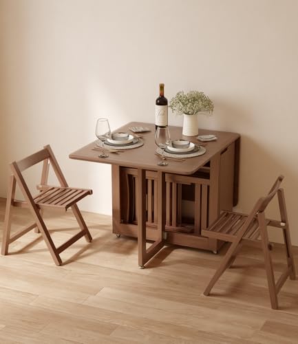 AnywaysWood Folding Dining Table with 4 Foldable Chairs Set, Space Saving Extendable Solid Wood Drop Leaf Table for Kitchen Dining Living Room Small Spaces Simple Assembly - size: 55 Inch Wood Foldable Table with 4 Chairs
