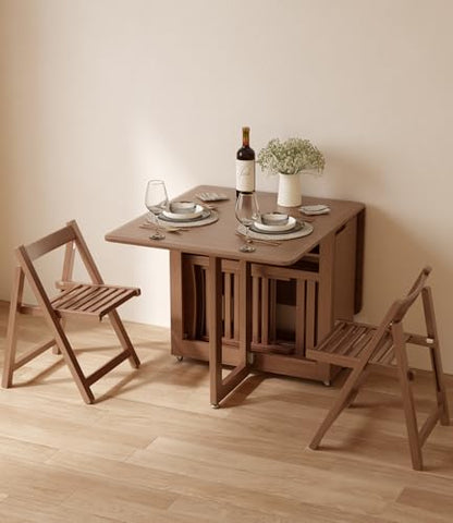 AnywaysWood Folding Dining Table with 4 Foldable Chairs Set, Space Saving Extendable Solid Wood Drop Leaf Table for Kitchen Dining Living Room Small Spaces Simple Assembly - size: 55 Inch Wood Foldable Table with 4 Chairs