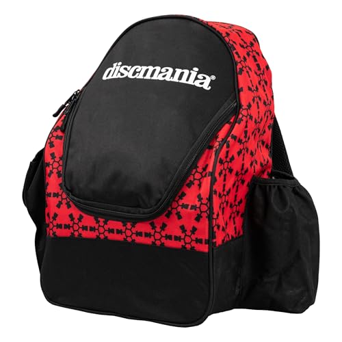 Discmania Fanatic Go Disc Golf Backpack | 18 Capacity + Top Pocket for 2 Putters | Lightweight, Durable Disc Golf Bag | Tall Side Pocket, Bottle Holder | Padded Straps & Water-Resistant Shell - color: Red
