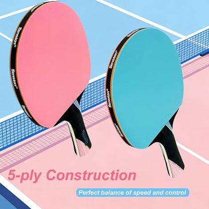 Senston 5-Ply Ping Pong Paddles Set – Premium Wood Table Tennis (Set of 2) with 3 Balls & Portable Carry Case – High-Control 2mm Sponge & Ergonomic Non-Slip Grip for Beginners & Family Play - color: Pink/Blue
