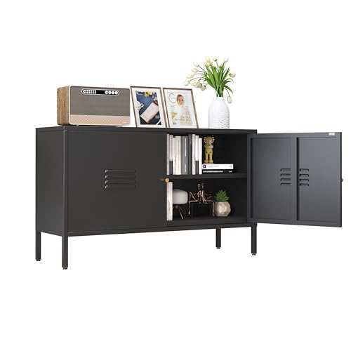 Storage Cabinet with Doors and Shelves -Metal TV Stand - Metal Storage Accent Cabinet for Home, Office, Entryway,LivingRoom. (Black) - color: Black, style: tv stand cabinet