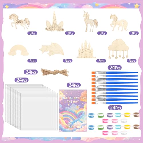 Saypacck 24 Pcs Rainbow Unicorn Party Favors Wooden Painting Craft Kits Birthday Party Supplies with Organza Bag for Goodie Bags Fillers Adult Thank You Gifts - style: Rainbow Unicorn