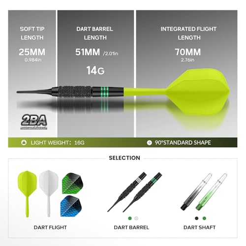 Soft Tip Darts Set 6 Pack – Professional Darts Plastic Tip with Integrated Dart Flights, Extra Dart Stems & Flights Dart Tips Darts Accessories Kit with Dart Case for Electronic Dartboard