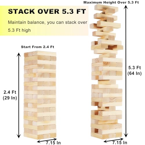 Giant Tumbling Tower Game 60 PCS, Outdoor Games for Adults & Families, 5.3 FT Premium Wooden Blocks Stacking Games with Carry Bag for Backyard, Lawn, Party, Camping