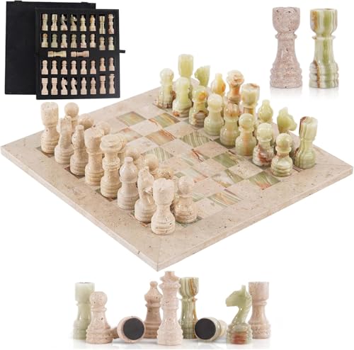 Marble Chess Set for Adults 12 Inch Handmade Travertine and Green Chess Board Games with Storage Box, Travel Chess Game with 32 Chess Pieces & 2 Extra Queens, Gifts & Home Décor - color: Travertine and Green