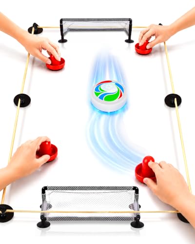 Rechargeable Tabletop Air Hockey Game with Soccer-Style LED Hover Puck, Table Top Hockey Game with Elastic Band Rebound Boundaries, 2-4 Player Indoor Table Game, Soccer Gift Idea for Family & Friends