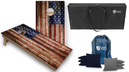 Tournament Grade Tailgating Pros American Flag Wooden Plank Design Cornhole Board Set w/Bean Bags and Carrying Case - 4'x2' Corn Hole Toss Game w/Built in Lights - color: Navy / Grey