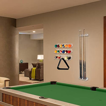 Pool Cue & Ball Rack Wall Mount – Acrylic Billiard Storage Holder, Self-Adhesive or Screw Mounted, Space-Saving Game Room Organizer (16 Balls & Ball Rack Holder) - style: 16 Balls & Ball Rack Holder