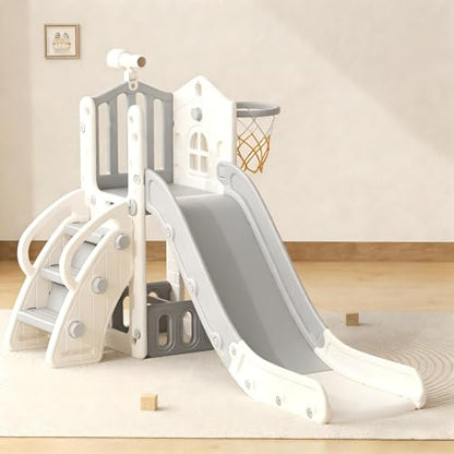 YUFU 5 in 1 Toddler Slide, Kids Slide with Climber, Basketball Hoop and Ball, Outdoor Indoor Playset for Toddlers Age 1-3 (Beige+Gray) - color: Beige+gray