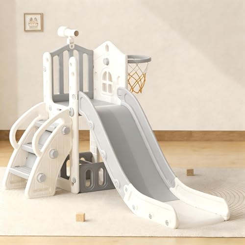 YUFU 5 in 1 Toddler Slide, Kids Slide with Climber, Basketball Hoop and Ball, Outdoor Indoor Playset for Toddlers Age 1-3 (Beige+Gray) - color: Beige+gray