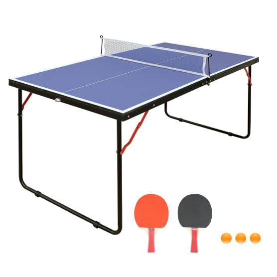 Mid-Size Table Tennis Table, Foldable Ping Pong Table Set with Net and 2 Ping Pong Paddles for Indoor & Outdoor, Portable Table Tennis Table for Adults, Teens