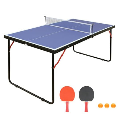 Mid-Size Table Tennis Table, Foldable Ping Pong Table Set with Net and 2 Ping Pong Paddles for Indoor & Outdoor, Portable Table Tennis Table for Adults, Teens