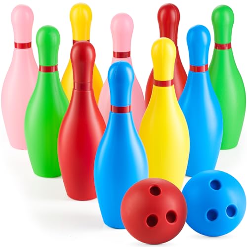 Kids Bowling Set - 10 Colorful Plastic Pins & 2 Lightweight Bowling Balls - Family Fun Indoor & Outdoor Toddler Bowling Set Game for Boys & Girls, Educational & Active Play Toy, Birthday Gift Ages 3+ - color: Colorful Bowling Ball Set